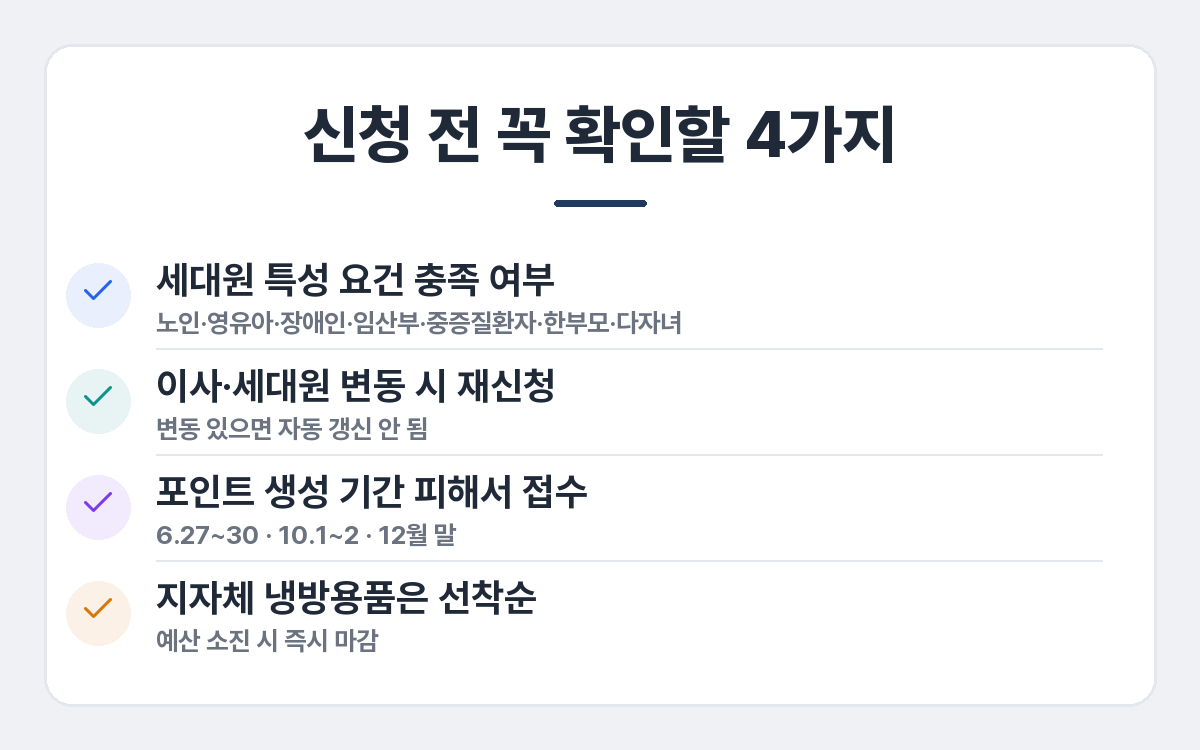 에너지바우처 신청 전 확인할 4가지 — 세대원 특성 요건, 이사·세대원 변동 시 재신청, 포인트 생성 기간, 지자체 냉방용품 선착순
