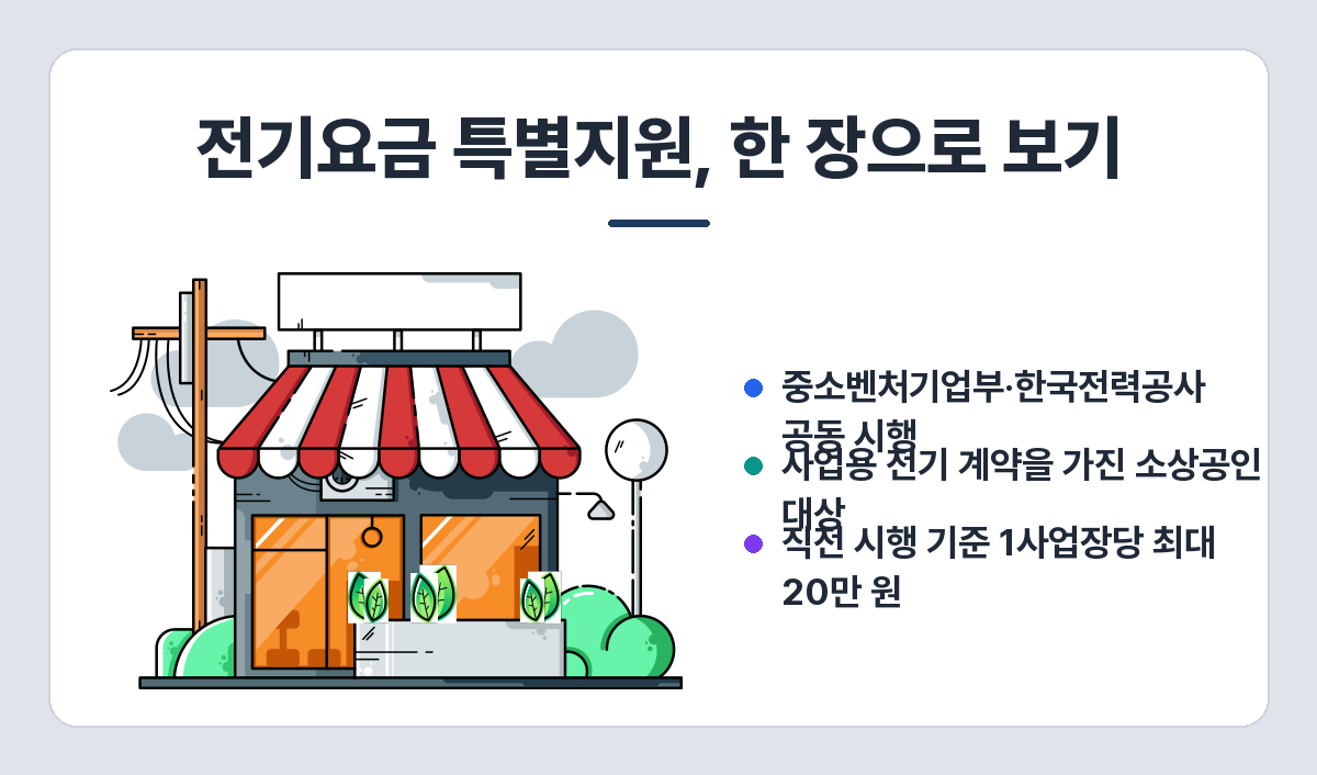 소상공인 전기요금 특별지원 요약 — 중소벤처기업부·한전 주관, 사업용 전기 대상, 직전 시행 기준 최대 20만 원