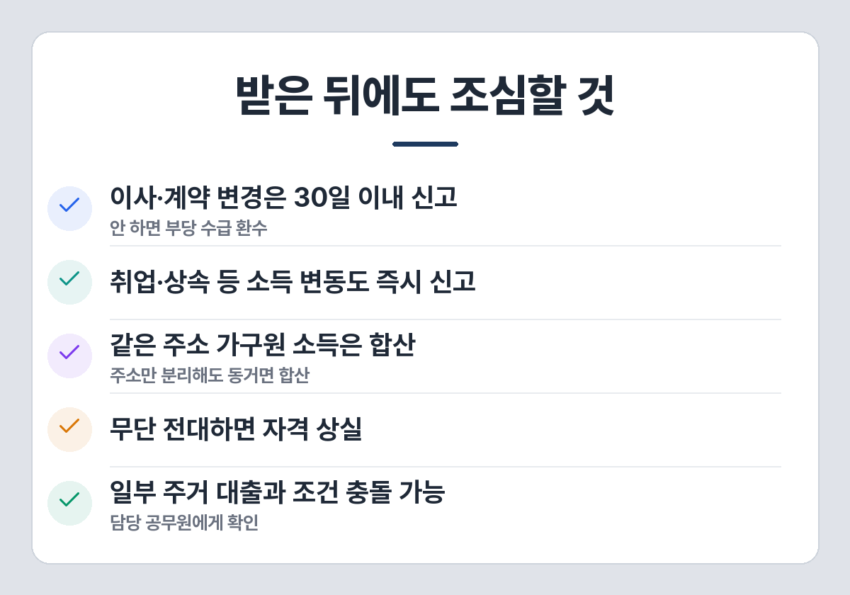 주거급여 주의사항 — 계약 변경 미신고, 소득 변동 미신고, 동거 가구 합산, 무단 전대, 대출 중복