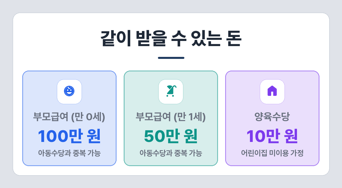 아동수당과 다른 육아 지원금 비교 — 부모급여 만 0세 100만 원, 만 1세 50만 원, 양육수당 10만 원