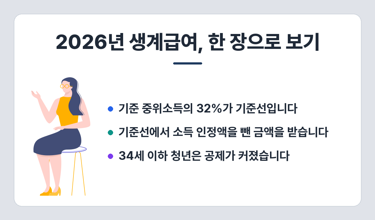 2026년 생계급여 요약 — 중위소득 32% 기준, 1인 820,556원, 소득 인정액 차감 후 지급