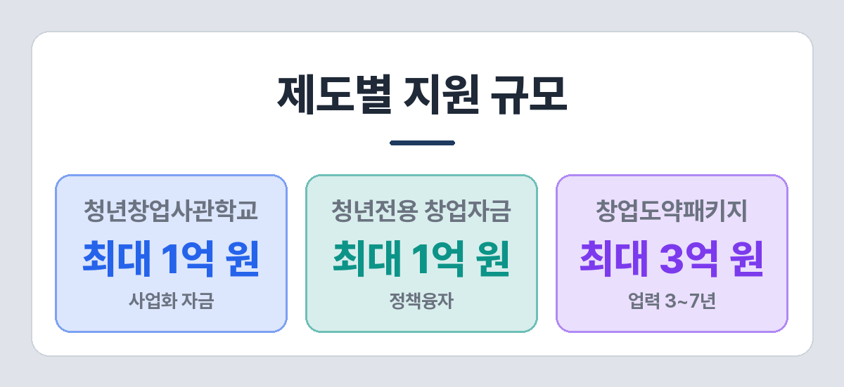 청년 창업지원금 지원 규모 비교 — 청년창업사관학교 1억 원, 청년전용 창업자금 1억 원 융자, 창업도약패키지 3억 원